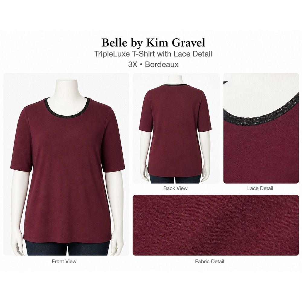 Belle by Kim Gravel TripleLuxe Lace Detail T-Shirt Bordeaux 3X Plus Short Sleeve
